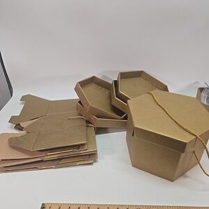 5 Vtg Printed 9" Hexagon Hat Box w/Rope Handle Decorative Storage Box Gold Leafy